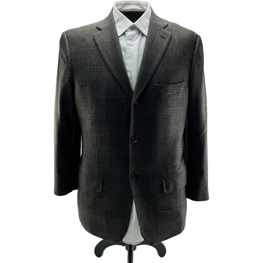 Isaia Brown Wool Cashmere Blazer 3 Button Ventless Size 42R Black & Blue Check‎